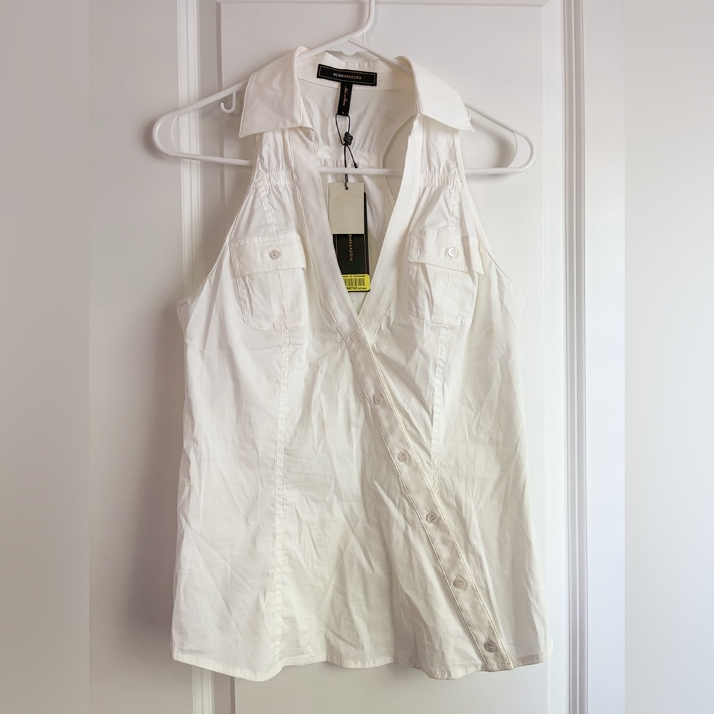 BCBGMaxAzria White Cotton Sleeveless Racerback Top with Asymmetrical Buttons